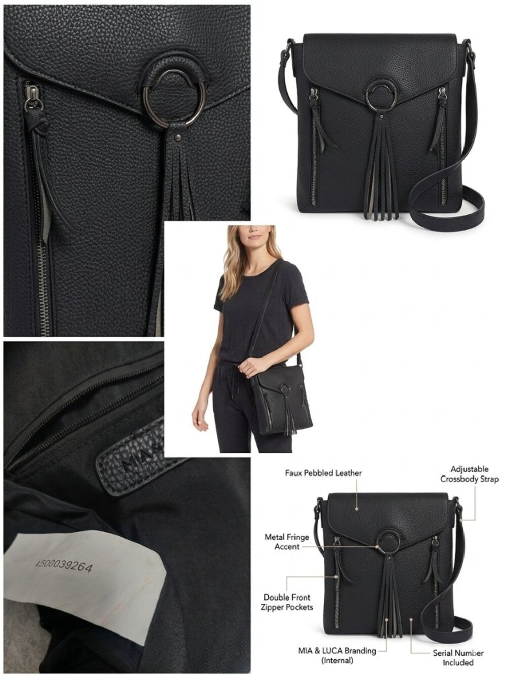 Title: Mia & Luca Black Pebbled Faux-Leather Crossbody Fringe Bag EUC